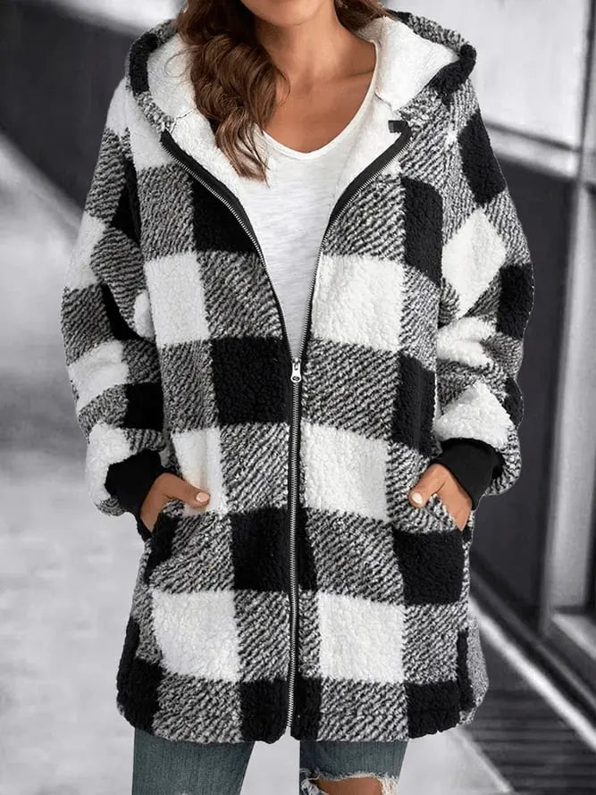 Oversized Geruite Fleecejas met Capuchon voor Dames