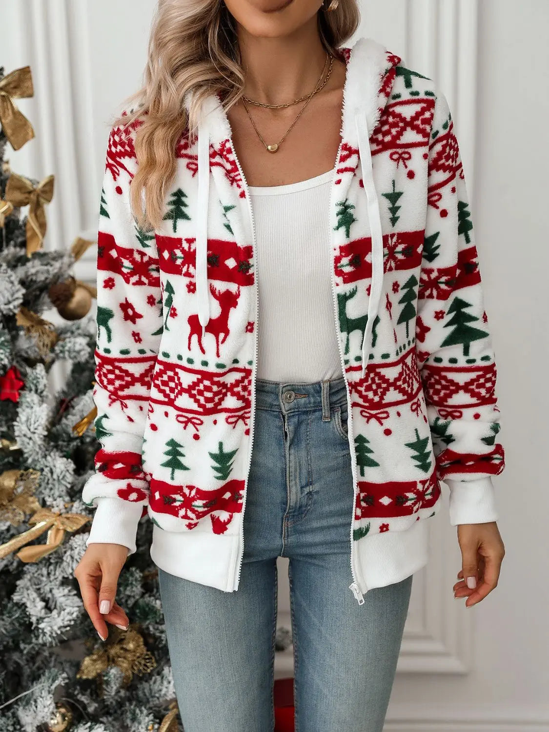 Kerst Hoodie Dames Rendier Boom Feestelijk Ritsvest Dames