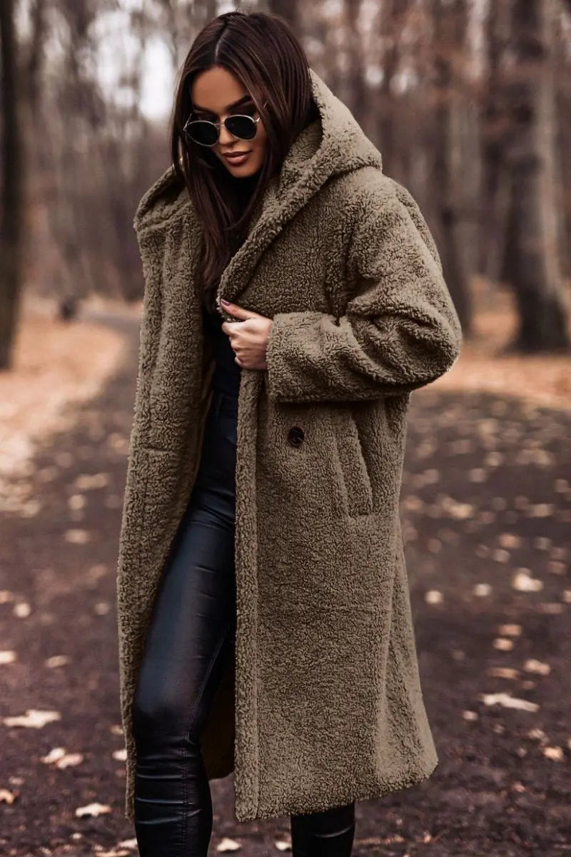 Lange Winterjas Gezellige Teddy Stijl Met Capuchon Dames