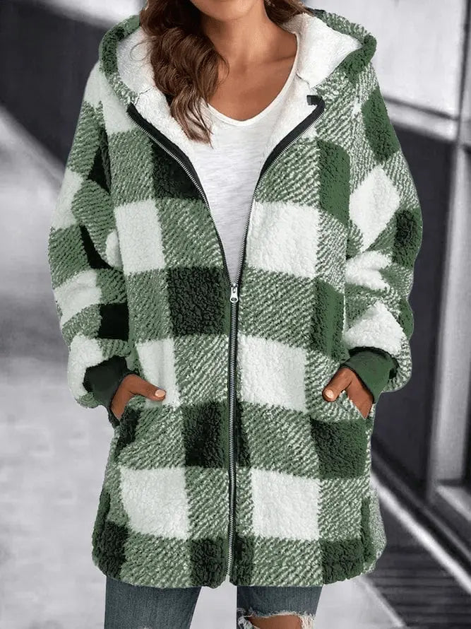 Oversized Geruite Fleecejas met Capuchon voor Dames
