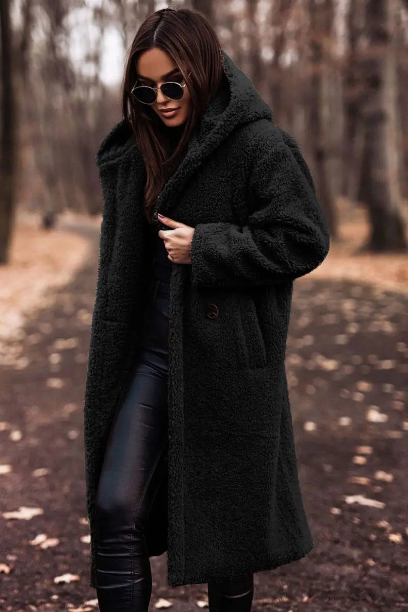 Lange Winterjas Gezellige Teddy Stijl Met Capuchon Dames