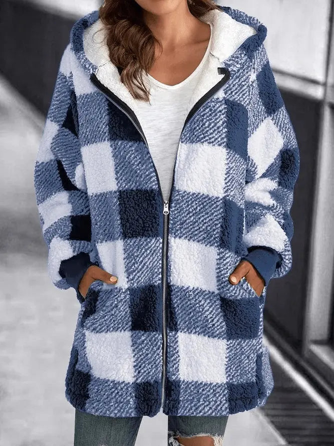 Oversized Geruite Fleecejas met Capuchon voor Dames