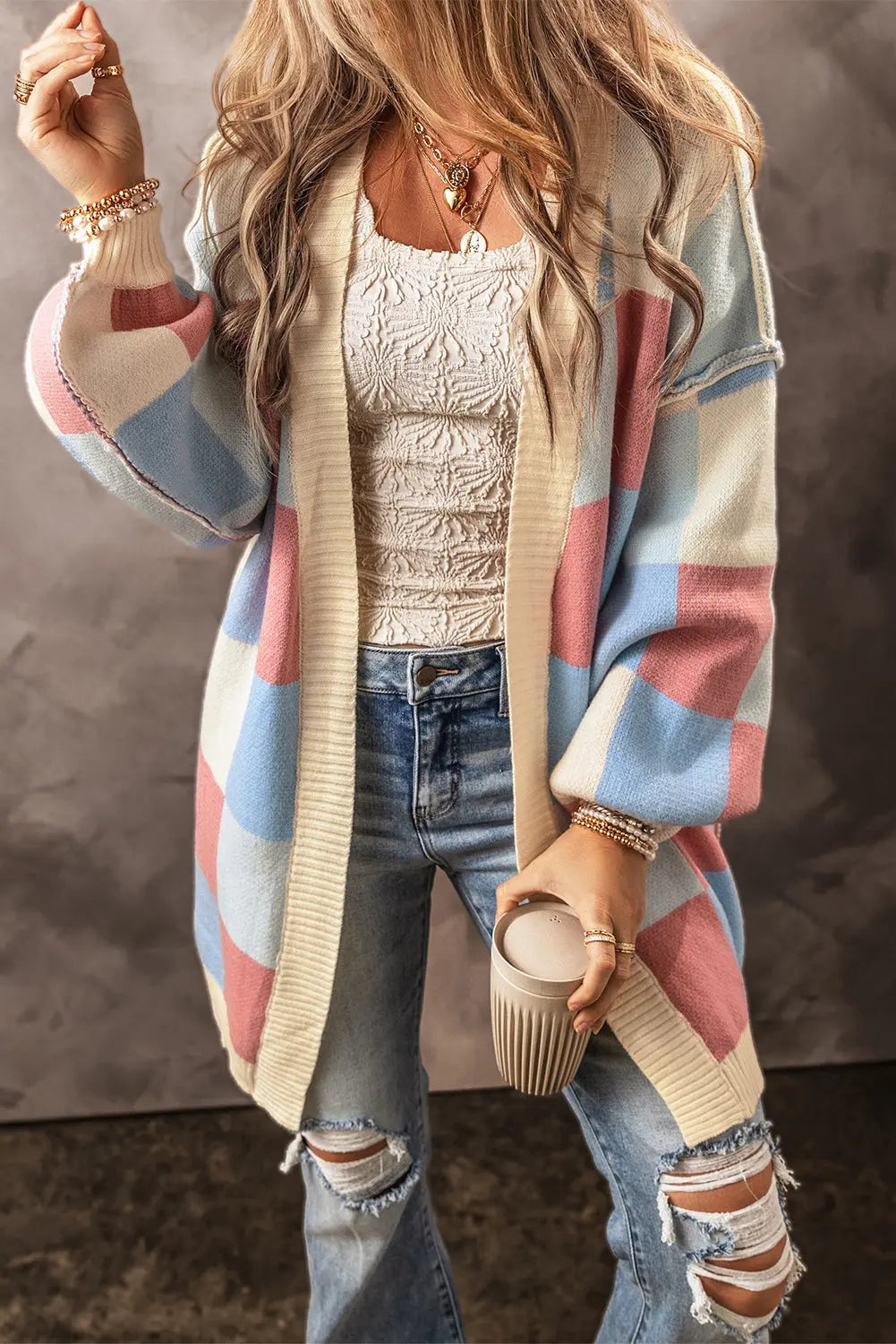 Oversized Gebreid Geruit Wintervest voor Dames