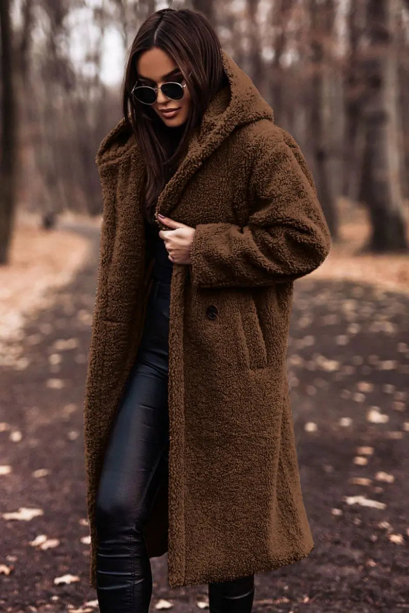 Lange Winterjas Gezellige Teddy Stijl Met Capuchon Dames