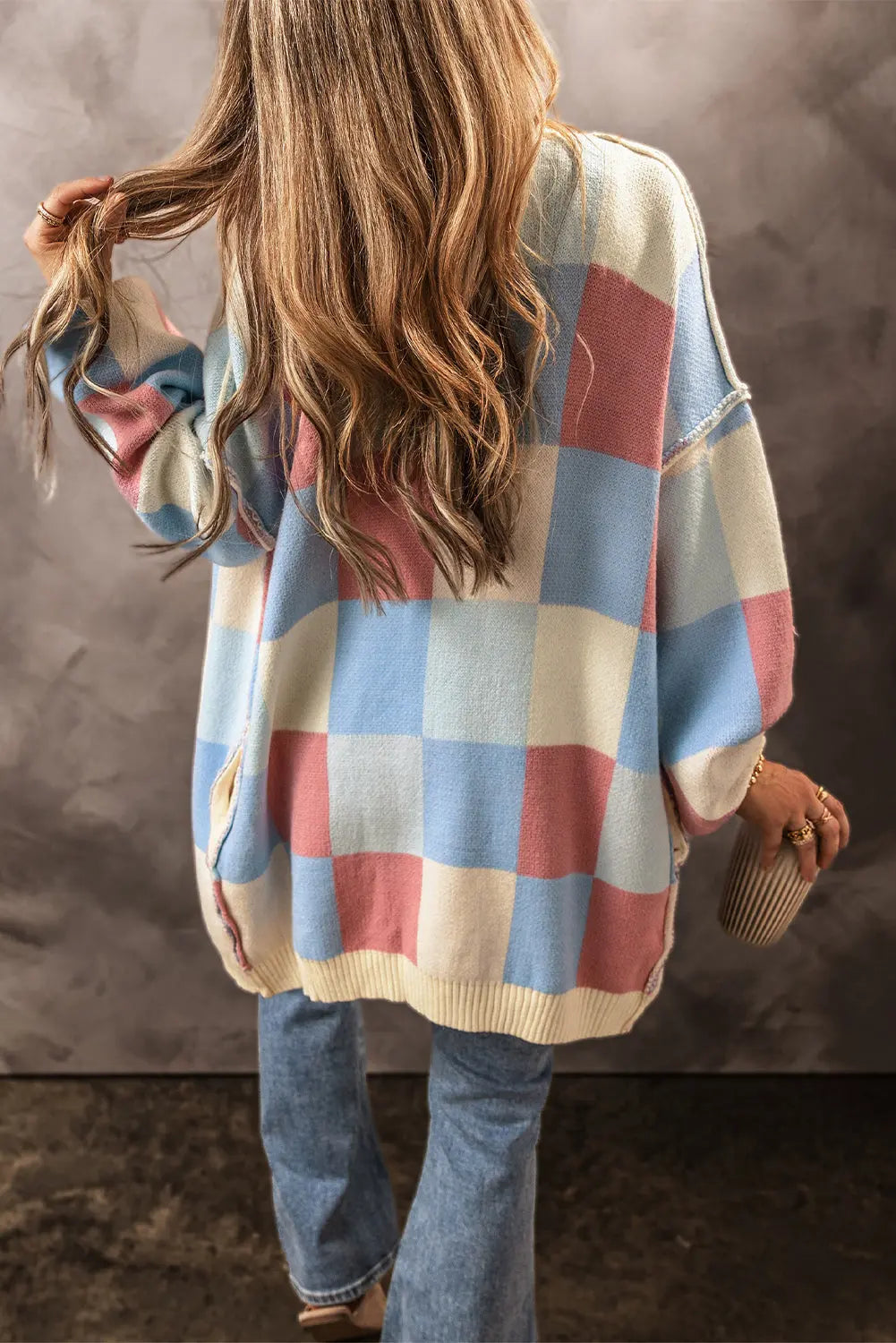 Oversized Gebreid Geruit Wintervest voor Dames