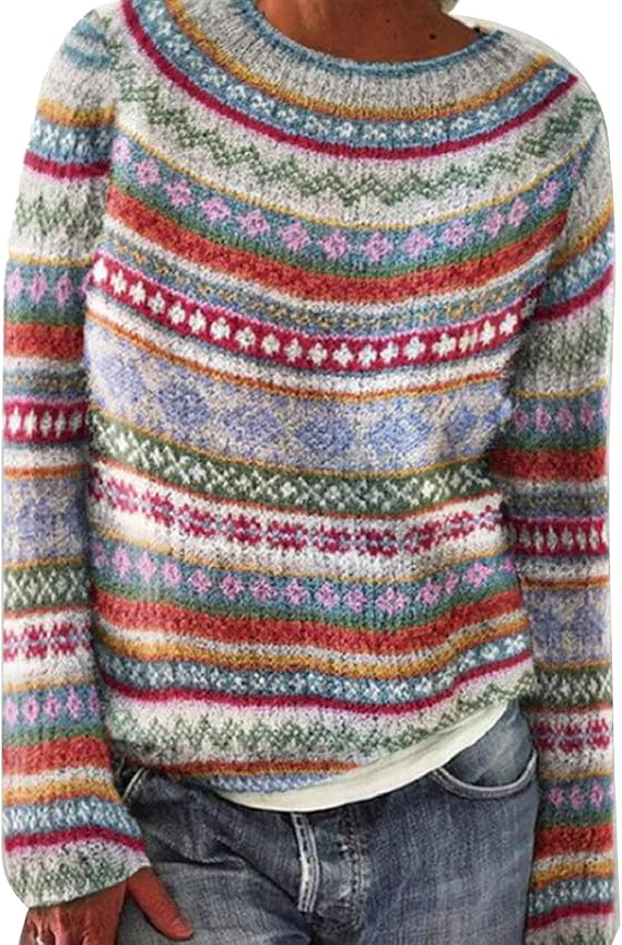 Dames Noorse Gebreide Trui Kleurrijk Patroon Winter Pullover