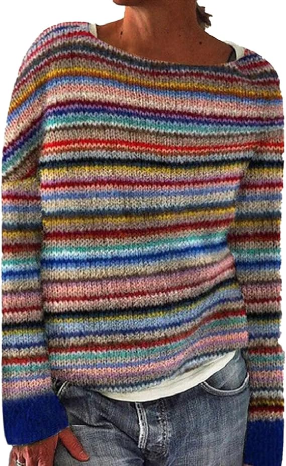 Gebreide Pullover Met Multicolor Gestreept Ontwerp Dames