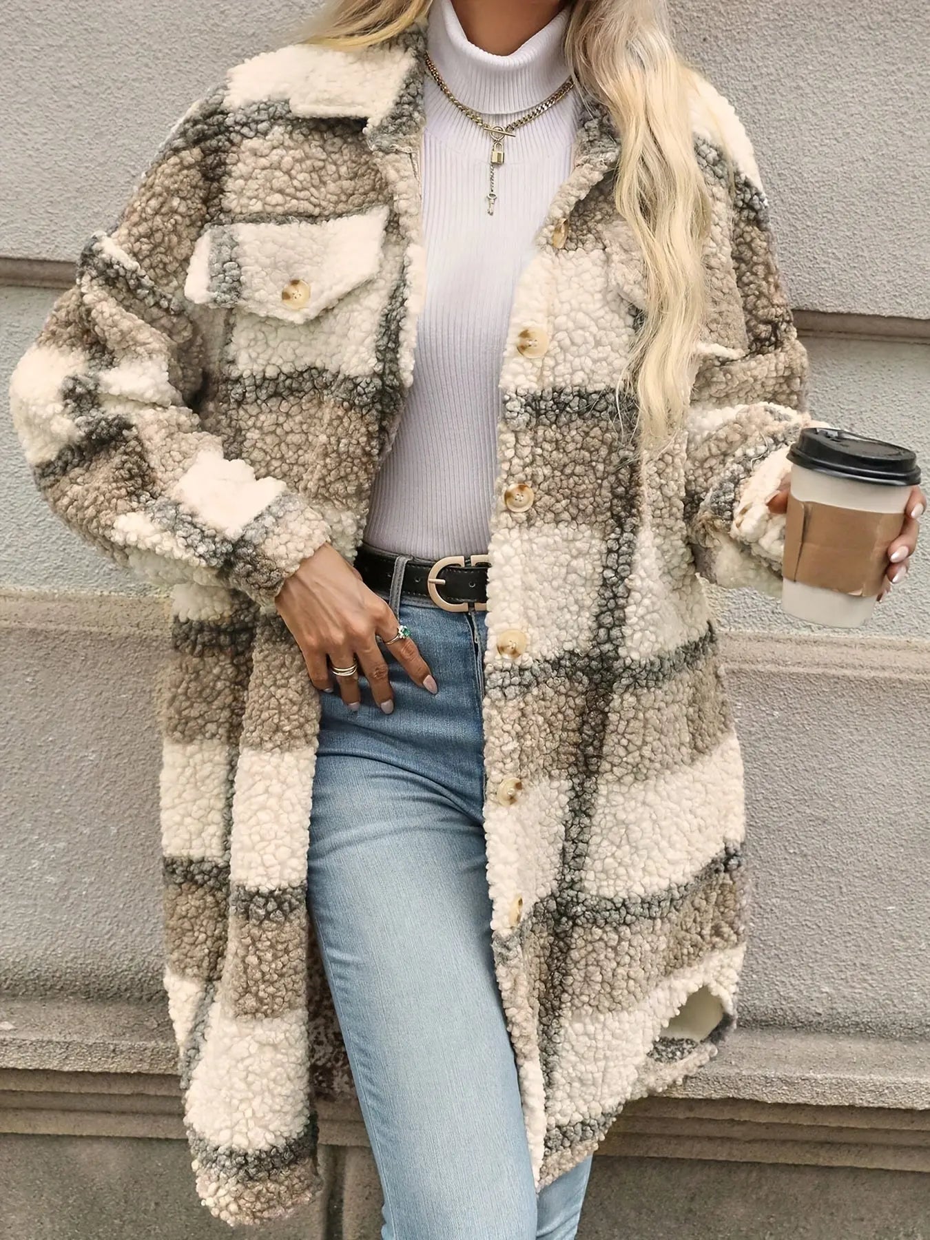 Geruite Fleece Winterjas Gezellige Streetwear Stijl voor Dames
