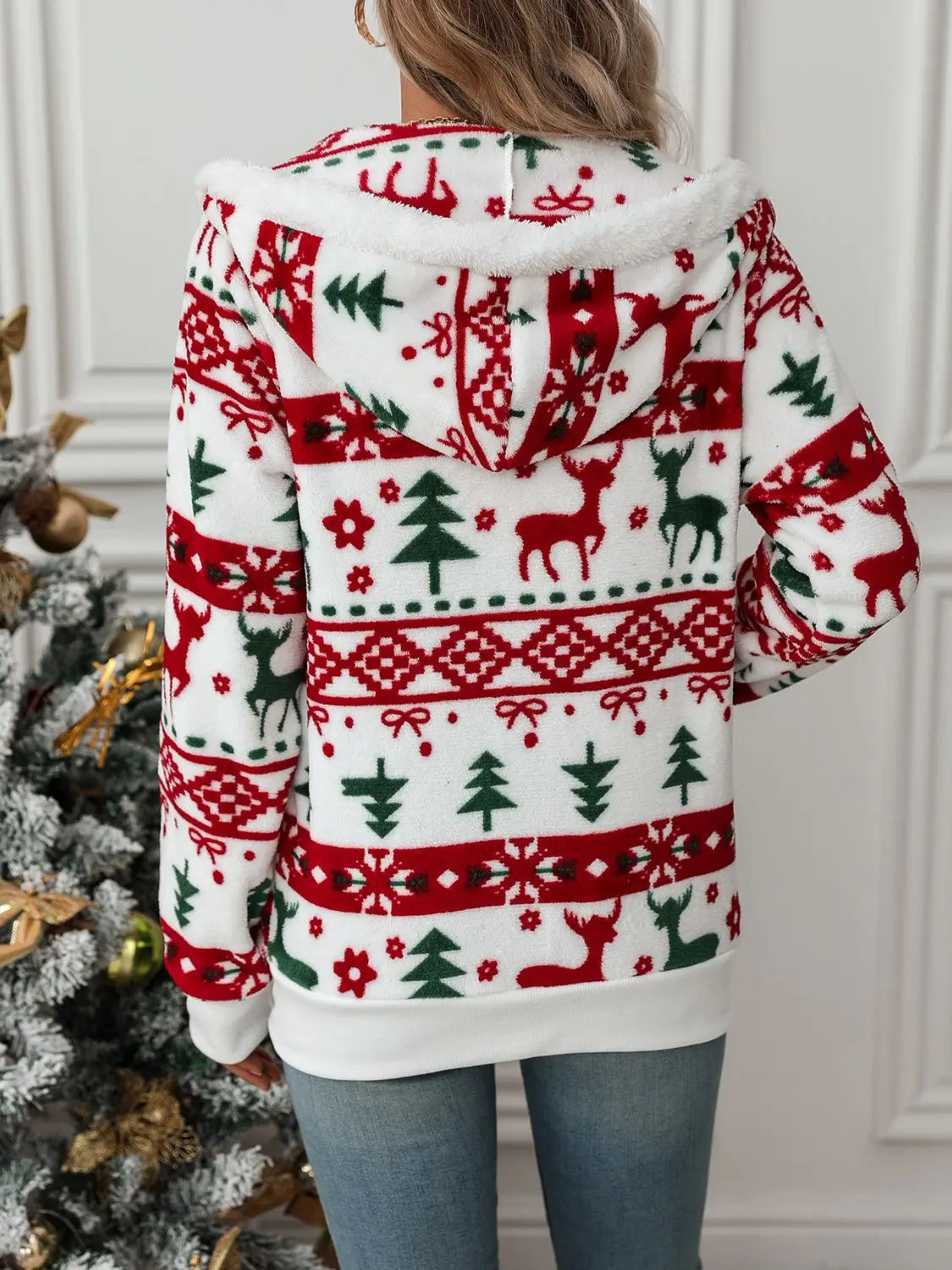 Kerst Hoodie Dames Rendier Boom Feestelijk Ritsvest Dames
