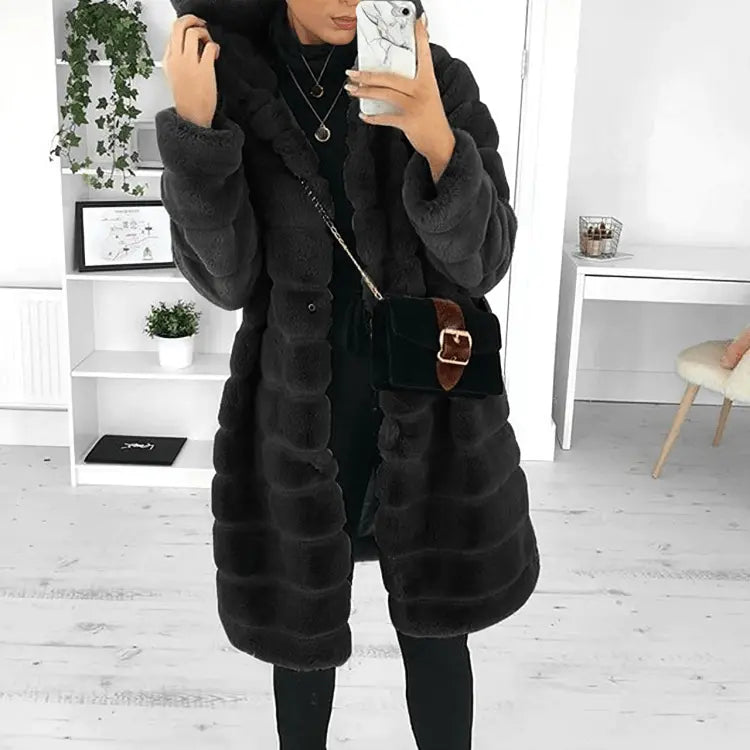 Lange Imitatiebont Winterjas Met Capuchon Elegante Stijl Dames