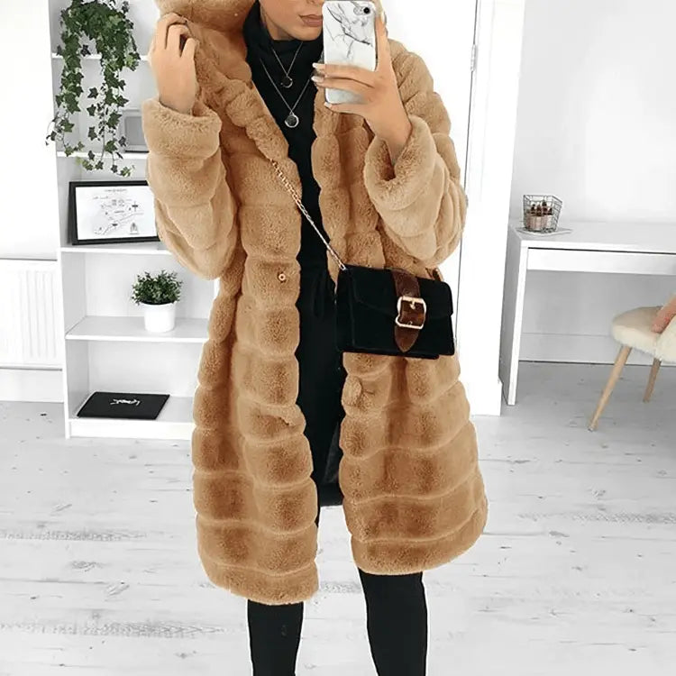 Lange Imitatiebont Winterjas Met Capuchon Elegante Stijl Dames
