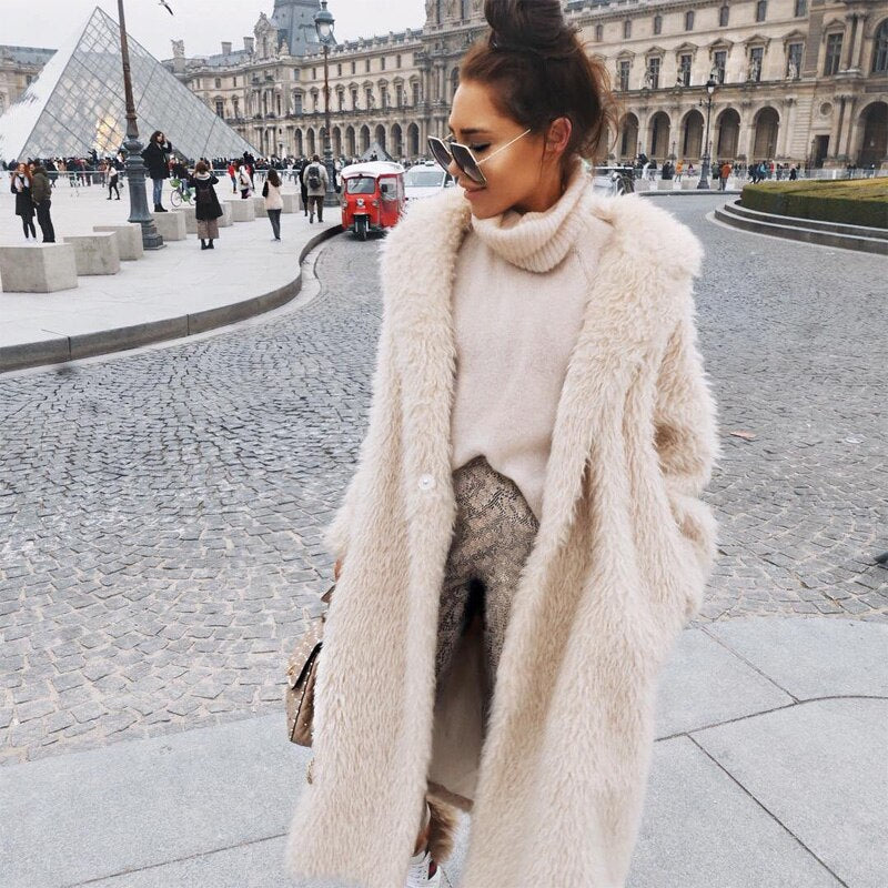 Lange Imitatiebont Winterjas voor Dames Warme Stijl