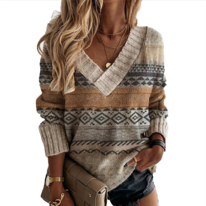 Panterprint V Hals Trui voor Dames Trendy Gebreide Pullover
