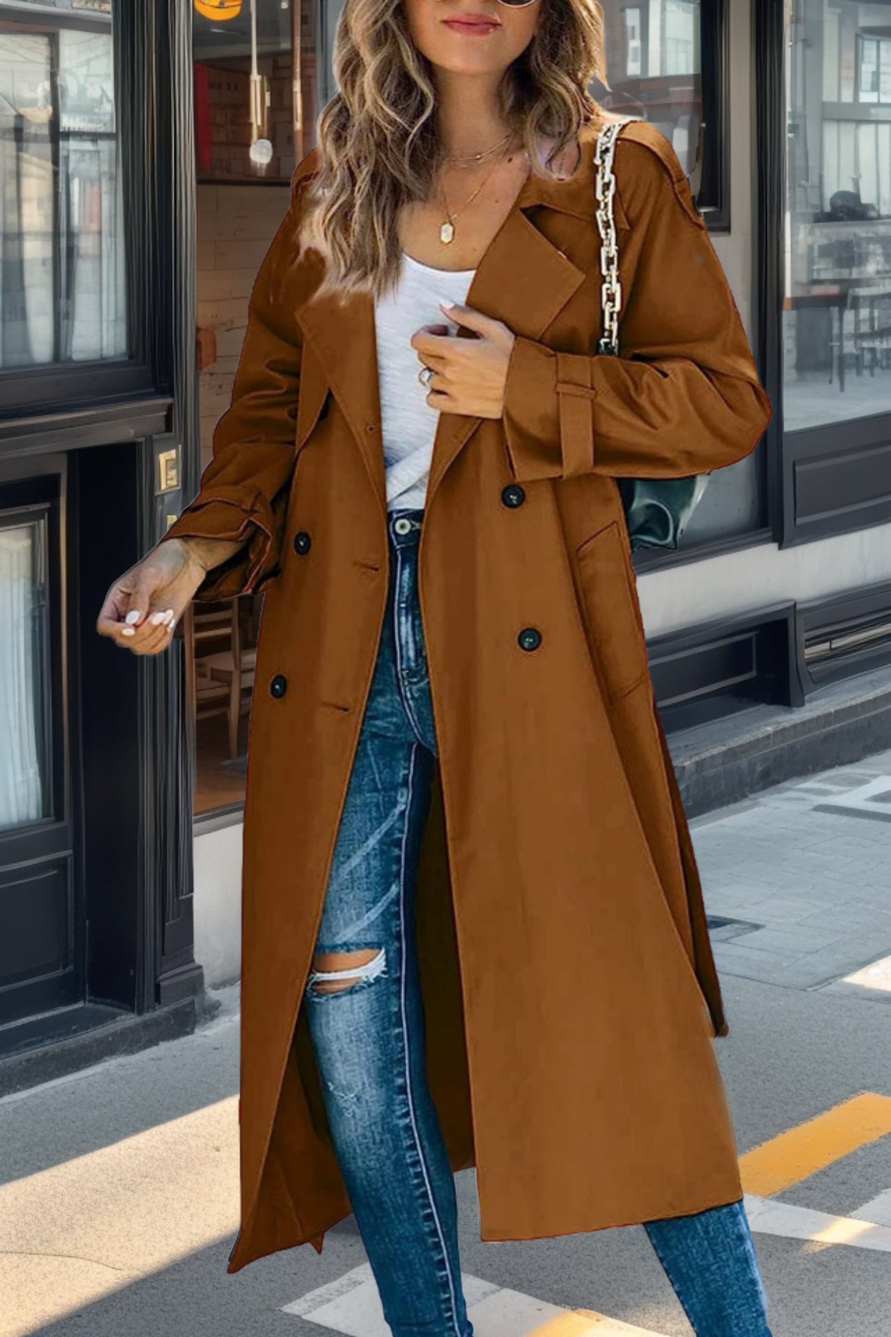 Stijlvolle Lange Trenchcoat Met Knopen Voor Dames