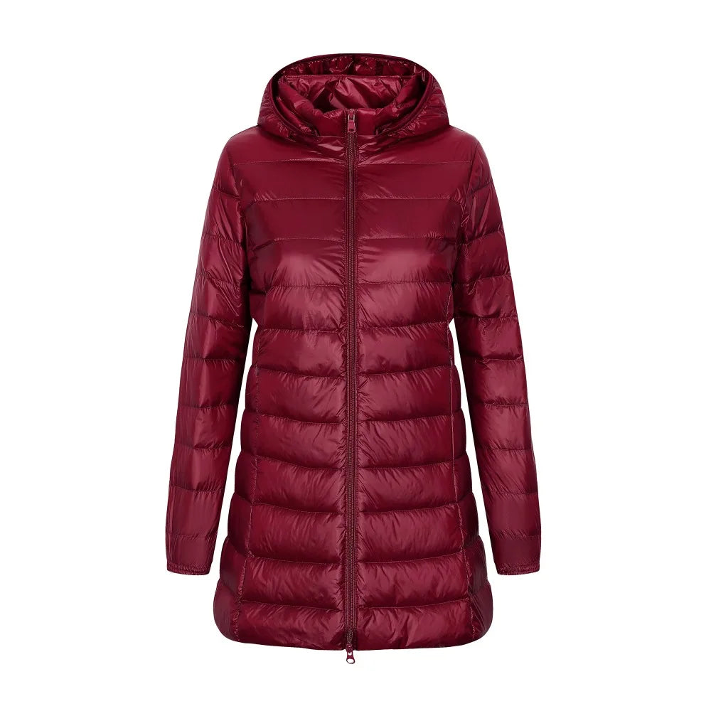 Lange Pufferjas Met Capuchon En Gewatteerd Ritsontwerp Dames