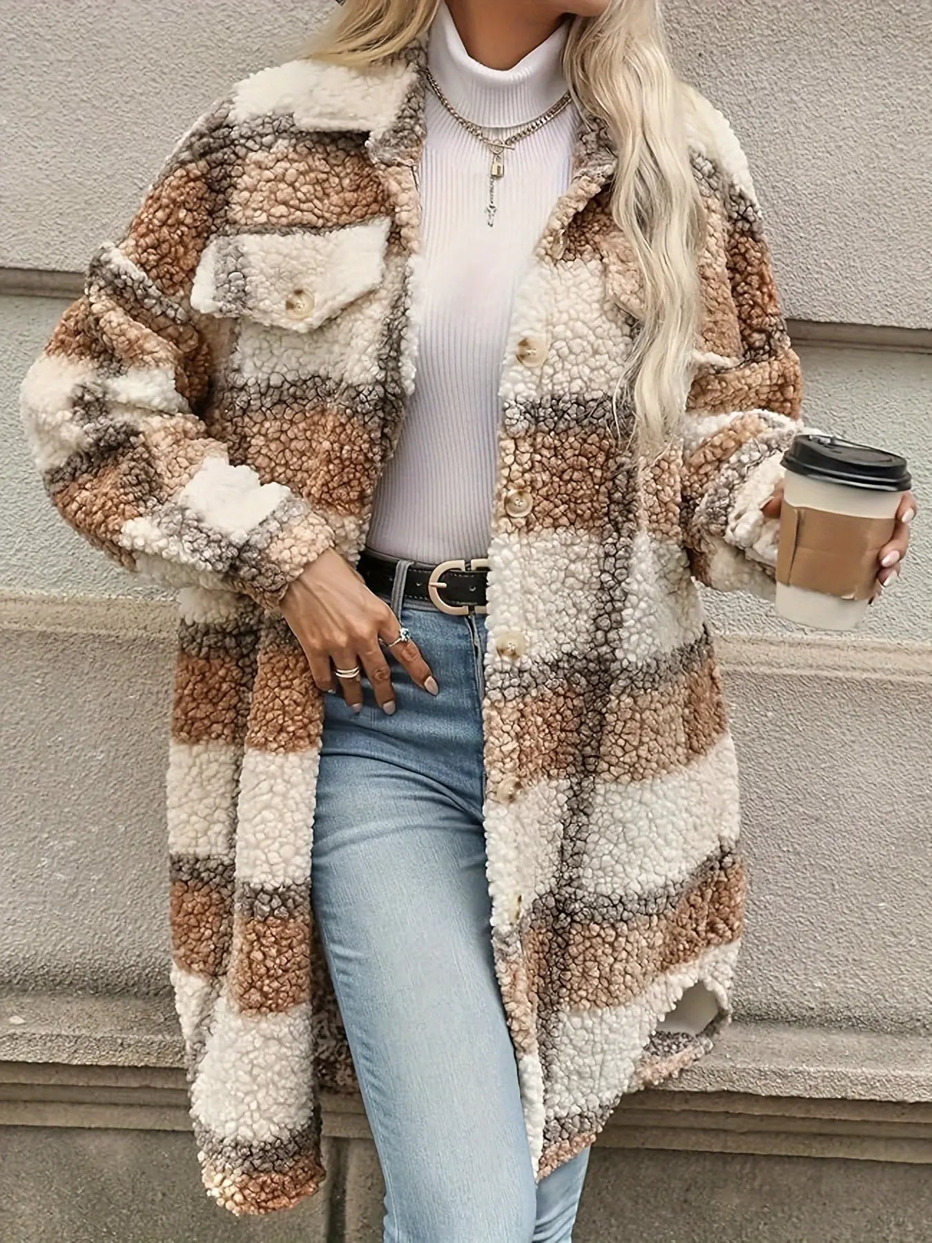Geruite Fleece Winterjas Gezellige Streetwear Stijl voor Dames