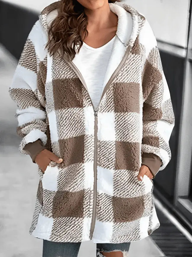 Oversized Geruite Fleecejas met Capuchon voor Dames