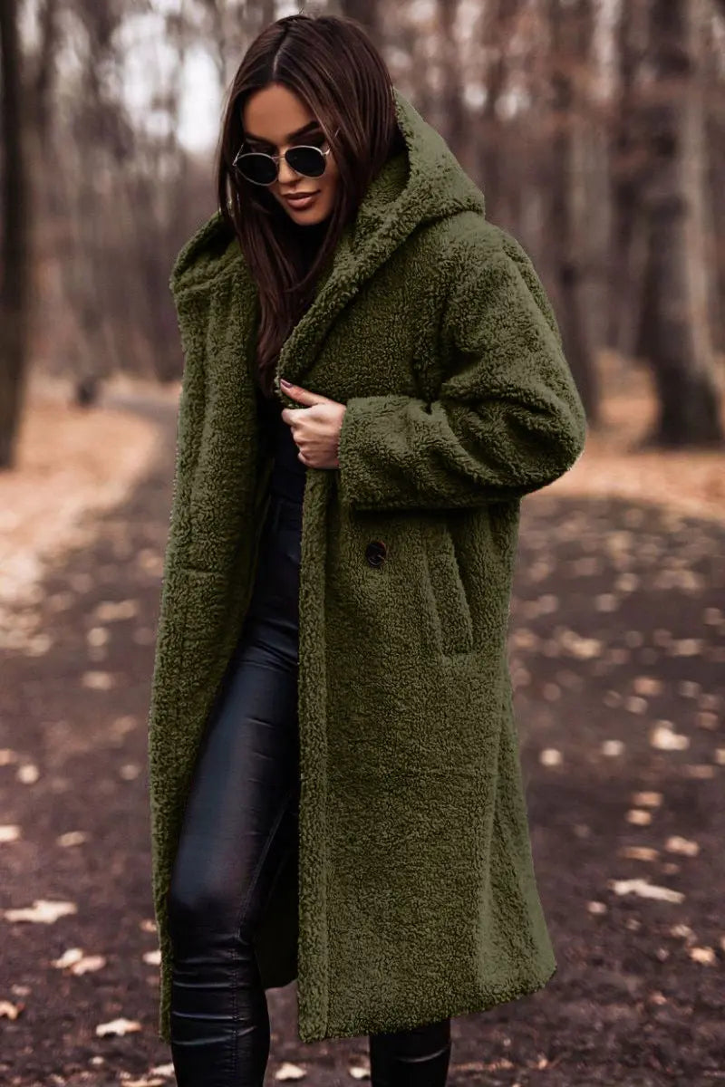 Lange Winterjas Gezellige Teddy Stijl Met Capuchon Dames