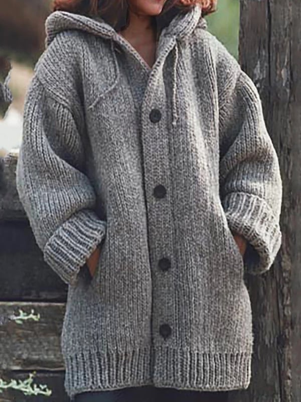Oversized Gebreid Wintervest met Capuchon en Knopen voor Dames