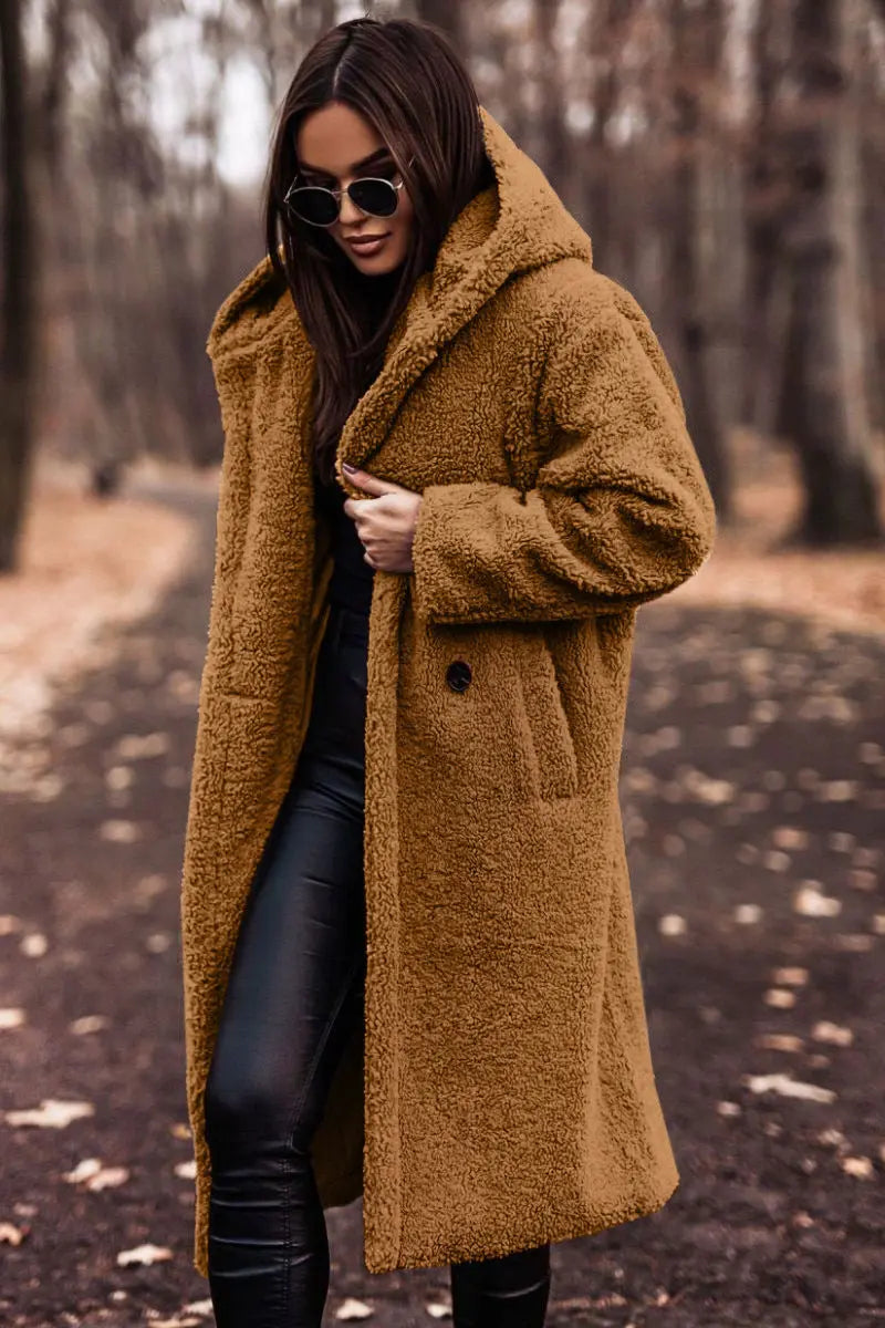 Lange Winterjas Gezellige Teddy Stijl Met Capuchon Dames