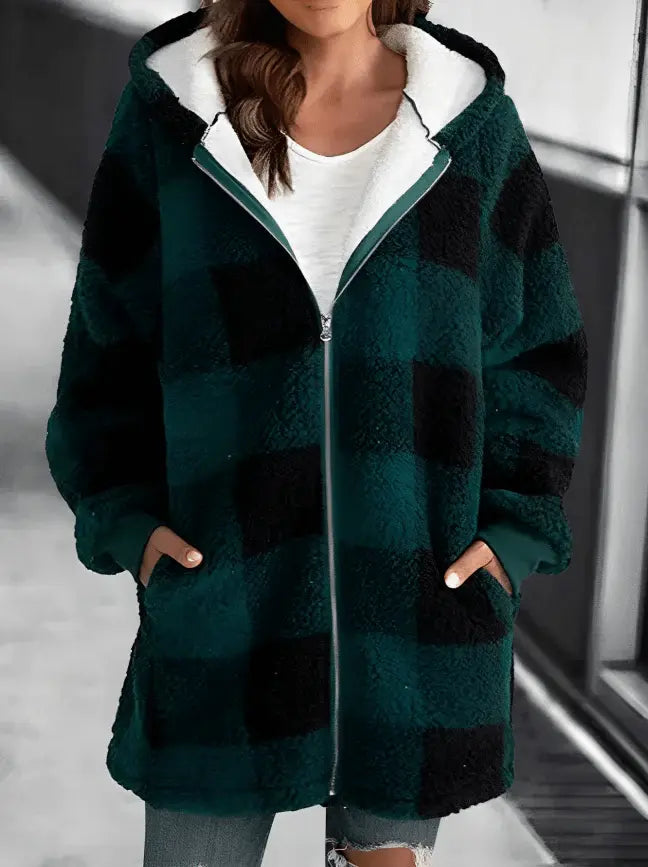 Oversized Geruite Fleecejas met Capuchon voor Dames
