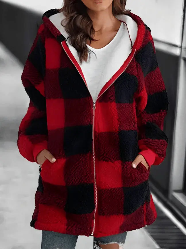 Oversized Geruite Fleecejas met Capuchon voor Dames