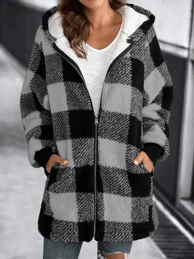 Oversized Geruite Fleecejas met Capuchon voor Dames