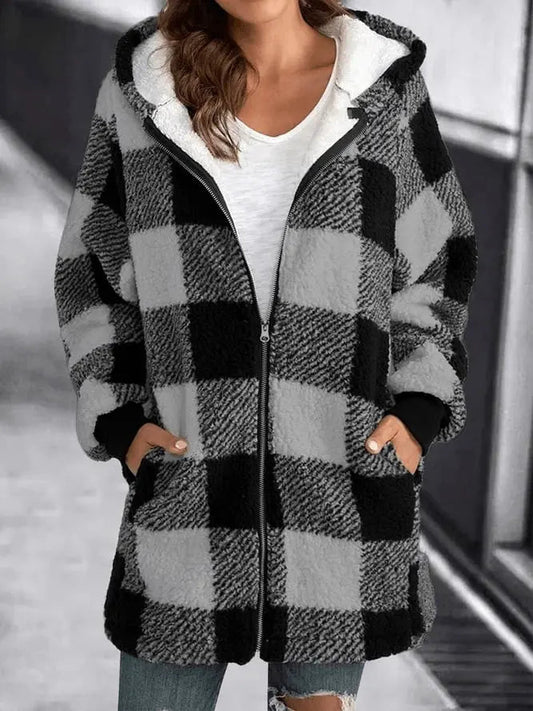 Oversized Geruite Fleecejas met Capuchon voor Dames