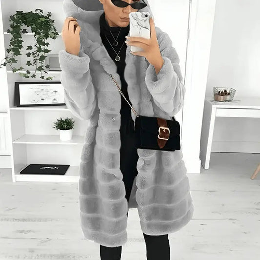 Lange Imitatiebont Winterjas Met Capuchon Elegante Stijl Dames