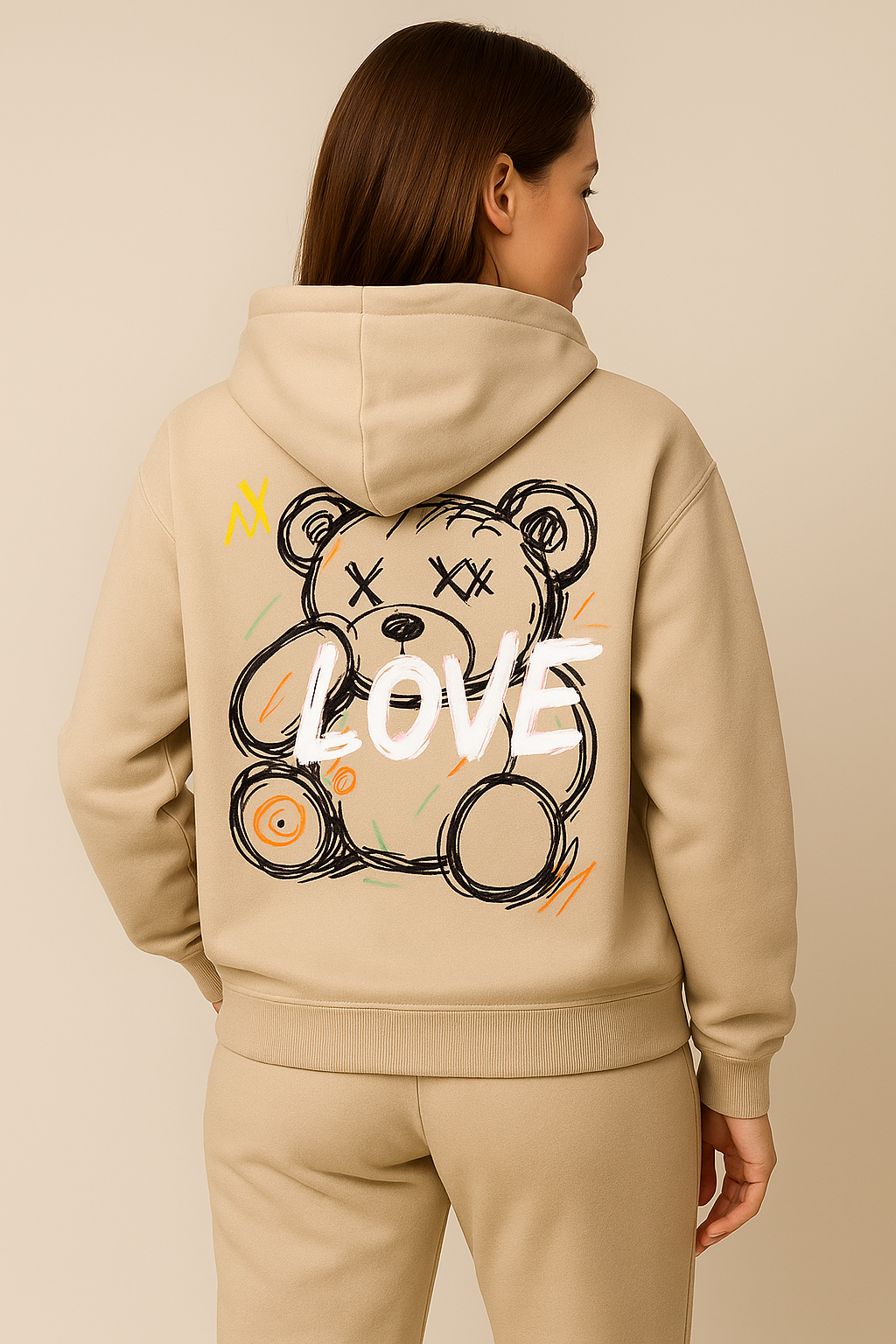 Dames beige hoodie met teddybeerprint achterzijde