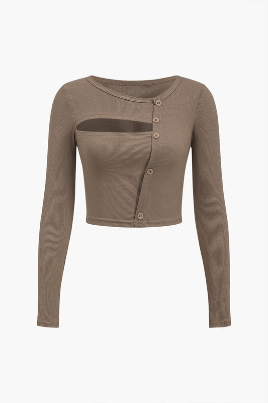 Rib Longsleeve Top met Cut-Out en Knopen voor Vrouwen