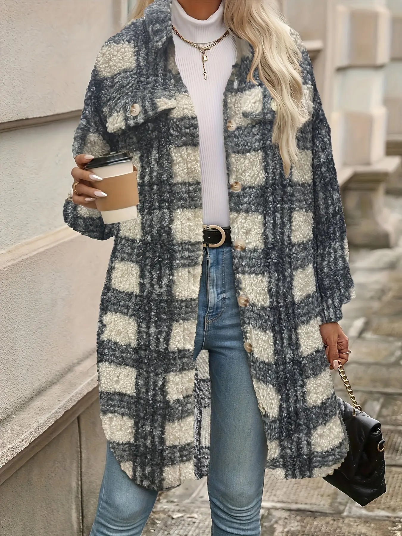 Geruite Fleece Winterjas Gezellige Streetwear Stijl voor Dames