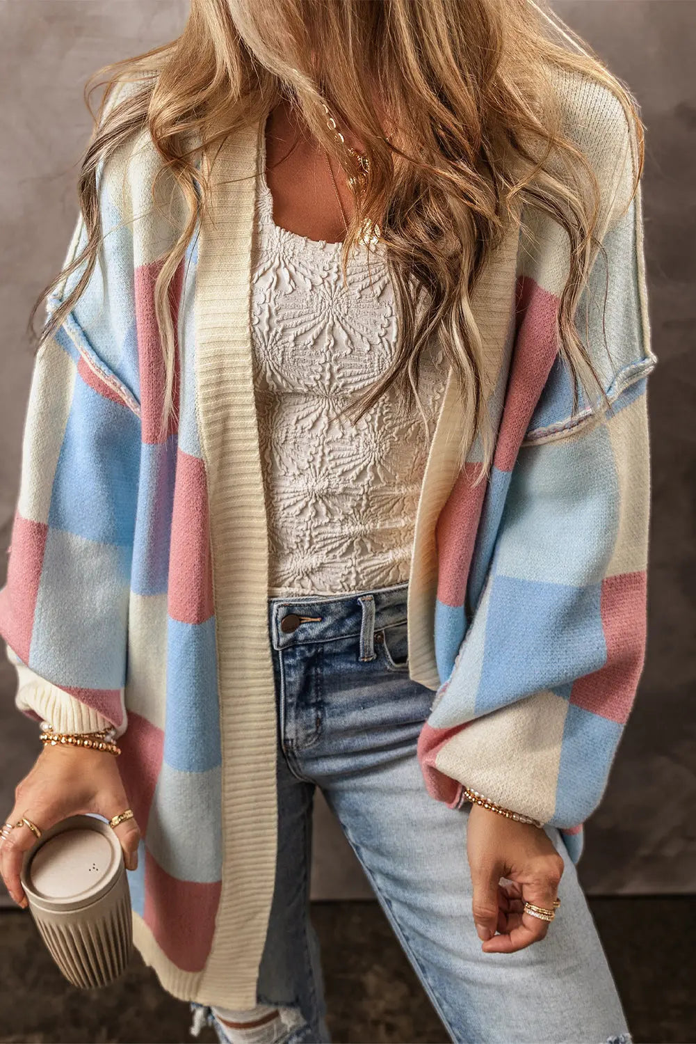 Oversized Gebreid Geruit Wintervest voor Dames