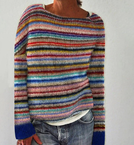 Gebreide Pullover Met Multicolor Gestreept Ontwerp Dames